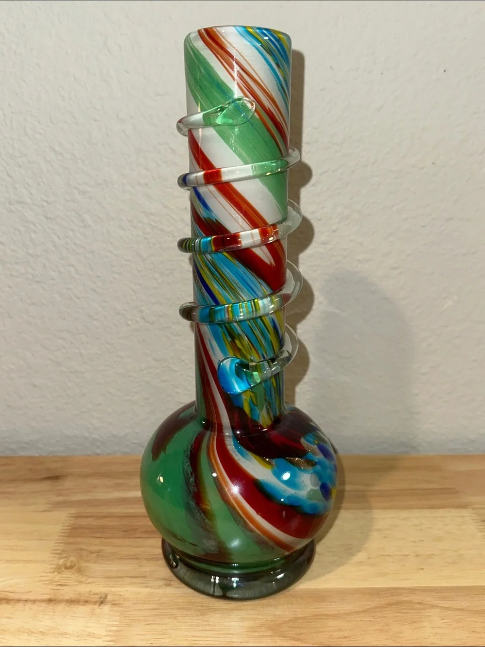 VTG Hand-Blown Art Glass Rainbow Swirl Bubble Base Vase Coiled Neck Funk